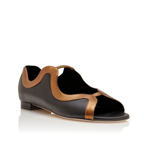Black and Bronze Nappa Leather Flat Sandals