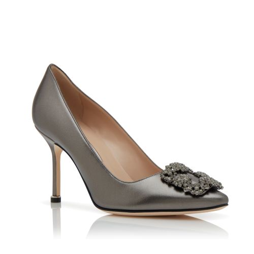 Dark Grey Nappa Leather Jewel Buckle Pumps