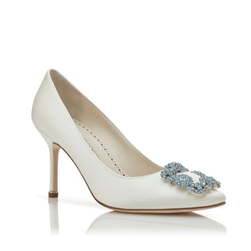 White Satin Jewel Buckle Pumps