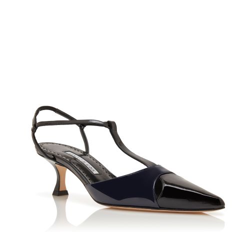 Black and Navy Blue Patent Leather T-Bar Pumps