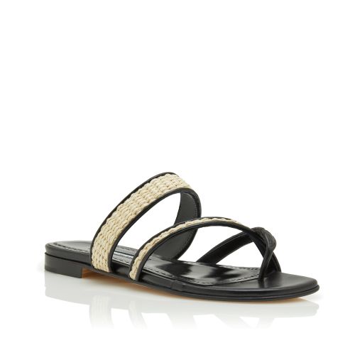 Black and Beige Raffia Flat Sandals 