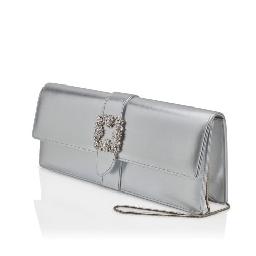 Silver Nappa Leather Jewel Buckle Clutch
