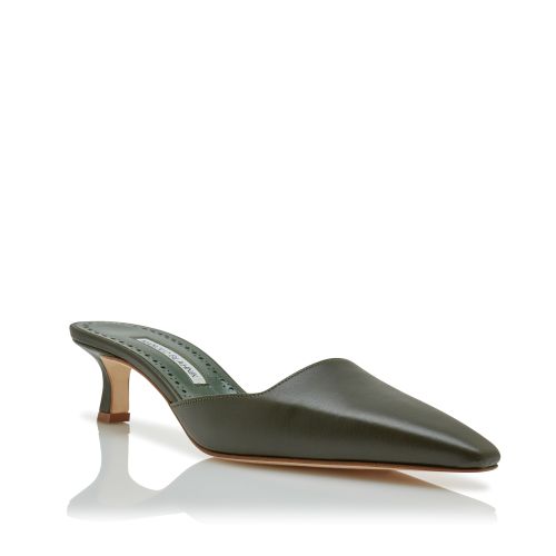 Dark Green Nappa Leather Square Cut Mules
