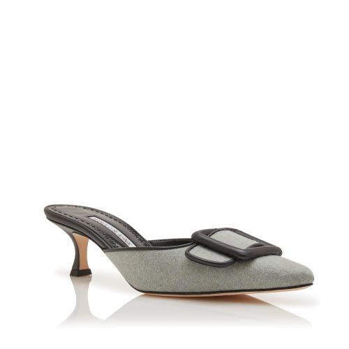 Light Green and Black Wool Buckle Detail Mules