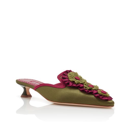 Khaki Silk Rosettes Detail Mules