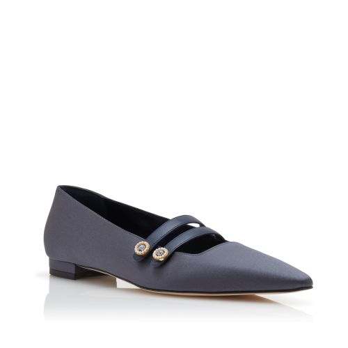Navy Blue Satin Embellished Flat Pumps
