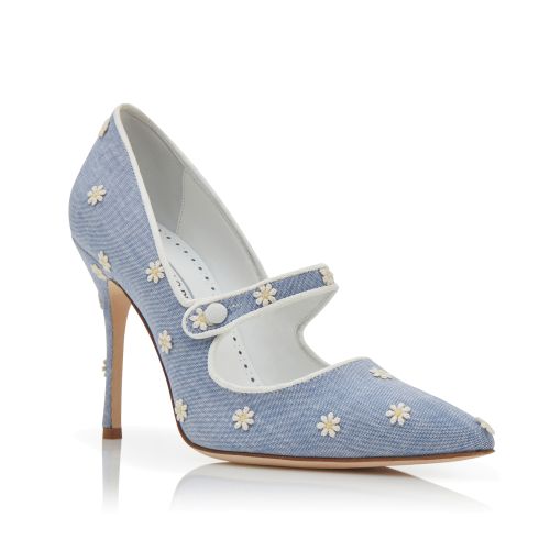 Blue and White Chambray Daisy Pumps