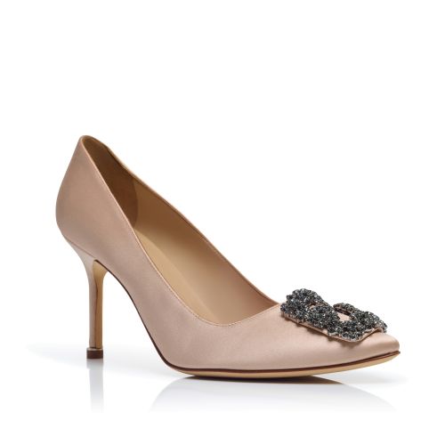 Beige Satin Jewel Buckle Pumps
