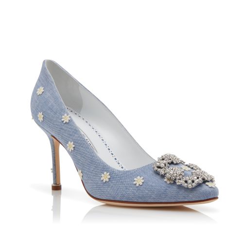 Blue and White Chambray Jewel Buckle Pumps