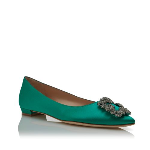 Green Satin Jewel Buckle Flat Pumps