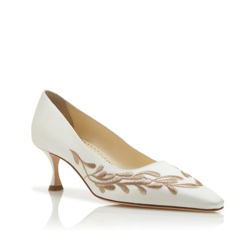 White and Gold Satin Pumps