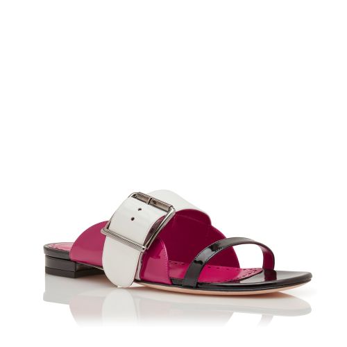 Black and Pink Patent Leather Flat Sandals