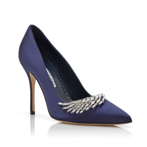 Navy Blue Satin Jewel Embellished Pumps 