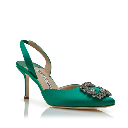 Green Satin Jewel Buckle Slingback Pumps
