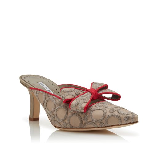Grey and Red Silk Pointed Toe Mules