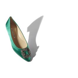 HANGISIFLAT | Green Satin Jewel Buckle Flat Shoes | Manolo Blahnik