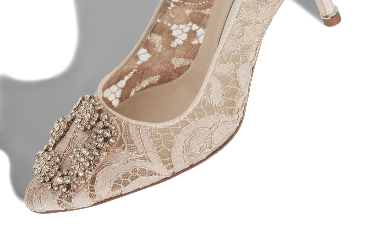 HANGISI LACE 70 | Pink Champagne Lace Jewel Buckle Pumps | Manolo 