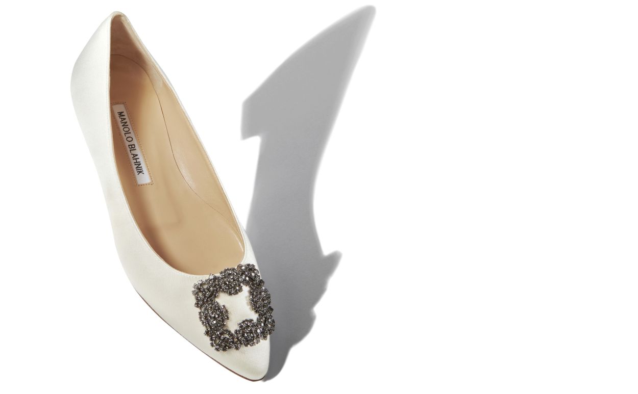 HANGISIFLAT | White Satin Jewel Buckle Flats | Manolo Blahnik