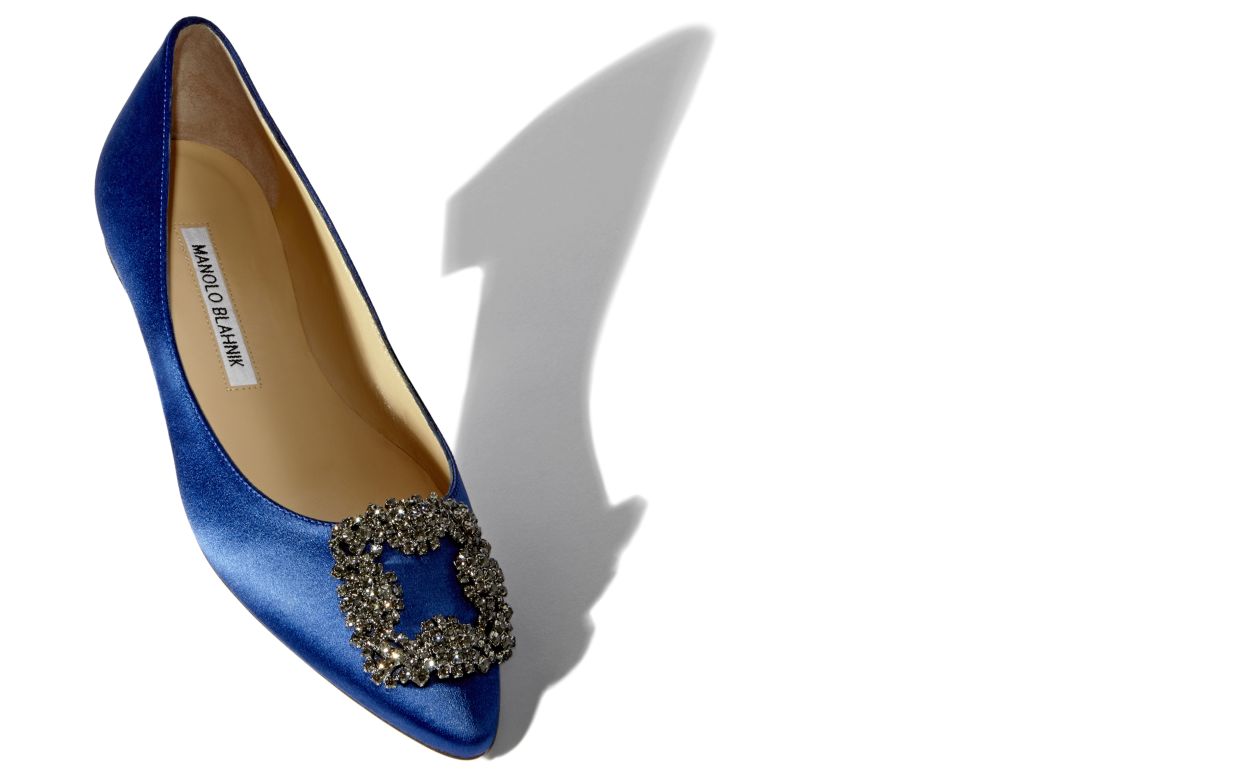 HANGISIFLAT | Blue Satin Jewel Buckle Flat Shoes | Manolo Blahnik