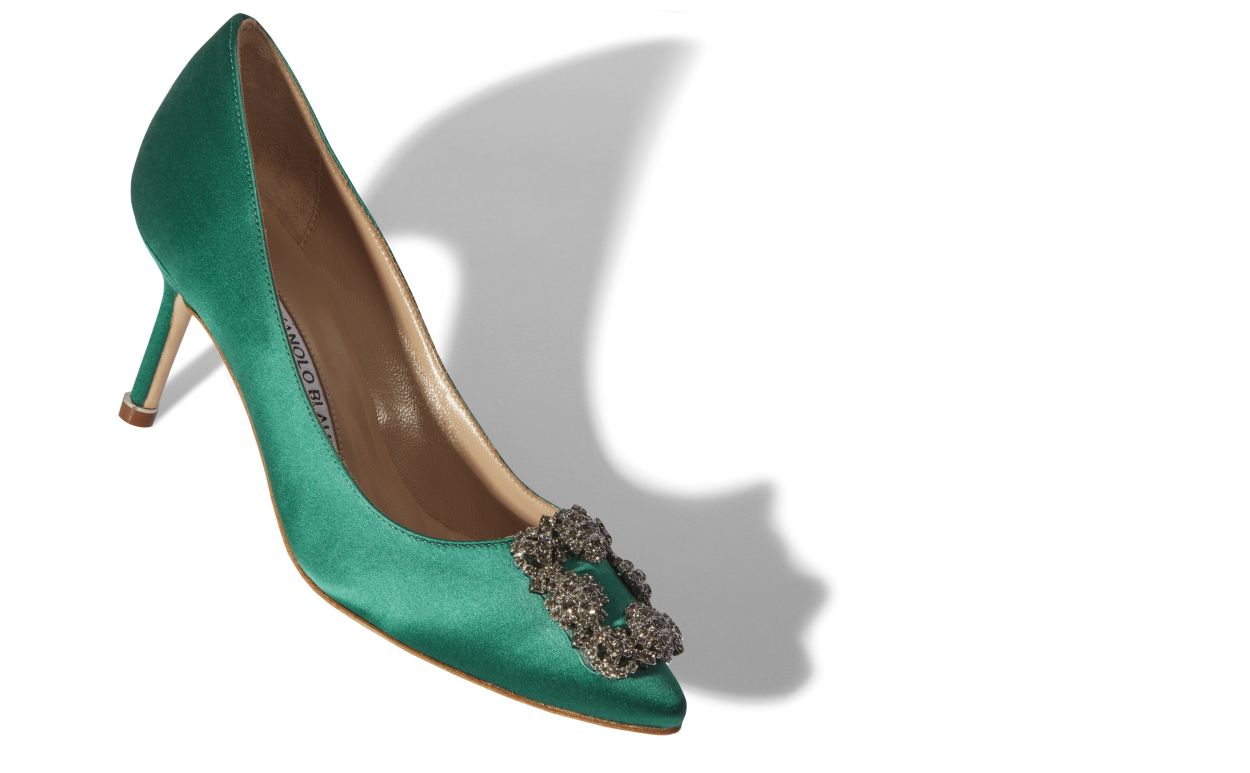 HANGISI 70 | Green Satin Jewel Buckle Pumps | Manolo Blahnik