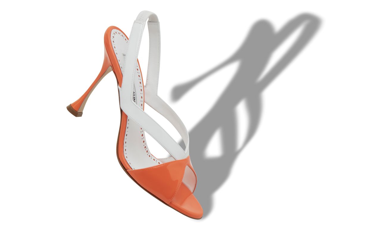 RADICALAHI | Orange and White Patent Slingback Sandals | Manolo Blahnik