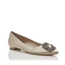 HANGISIFLAT | Champagne Satin Jewel Buckle Flat Pumps | Manolo Blahnik