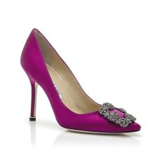 HANGISI | Dark Fuchsia Satin Jewel Buckle Pumps | Manolo Blahnik