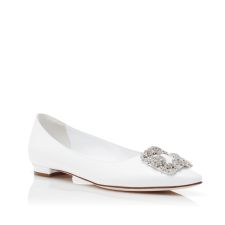 HANGISIFLAT | White Calf Leather Jewel Buckle Flat Pumps | Manolo Blahnik