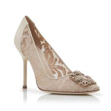 HANGISI LACE | Pink Champagne Lace Jewel Buckle Pumps | Manolo Blahnik