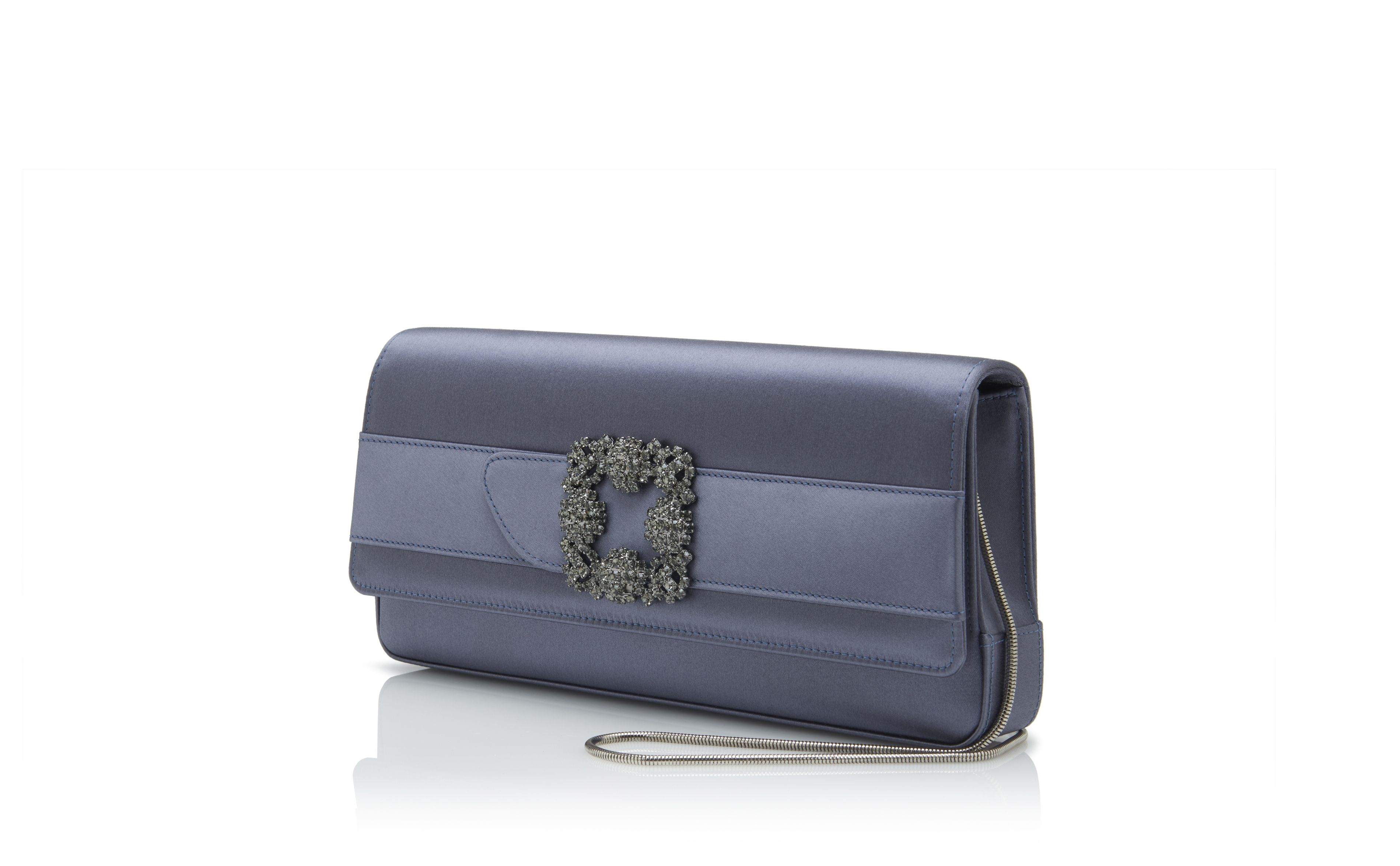 Designer Grey Satin Jewel Buckle Clutch - Image 