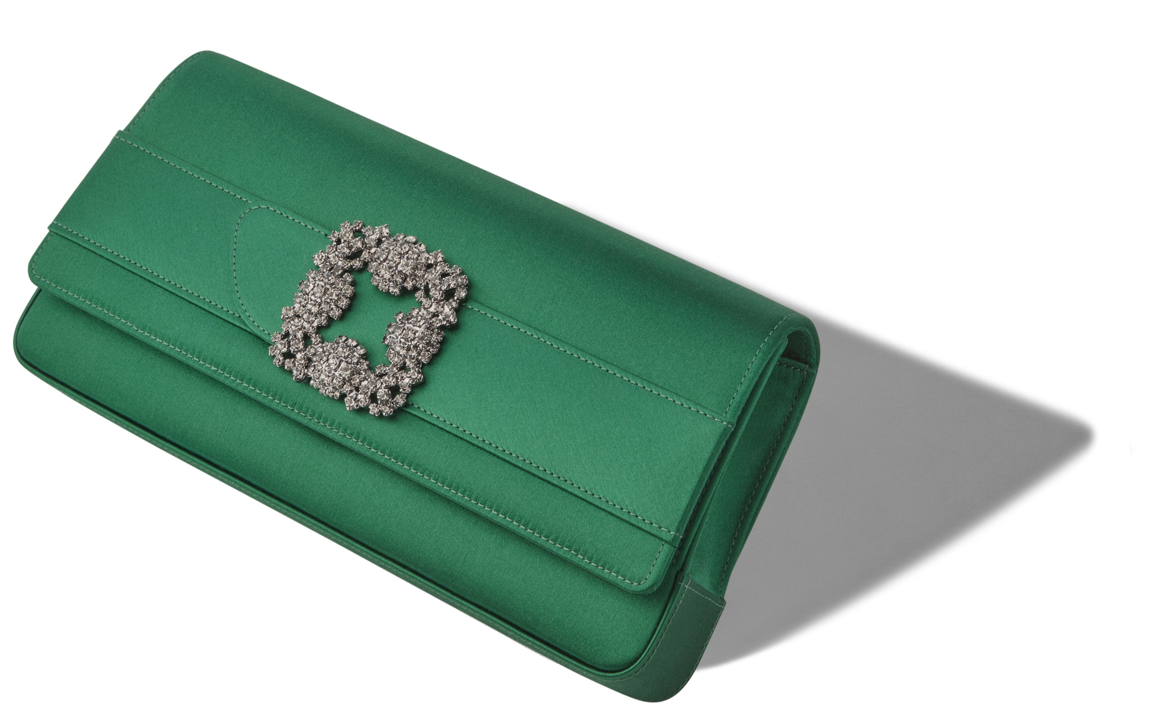 Designer Bright Green Satin Jewel Buckle Clutch - Image Main