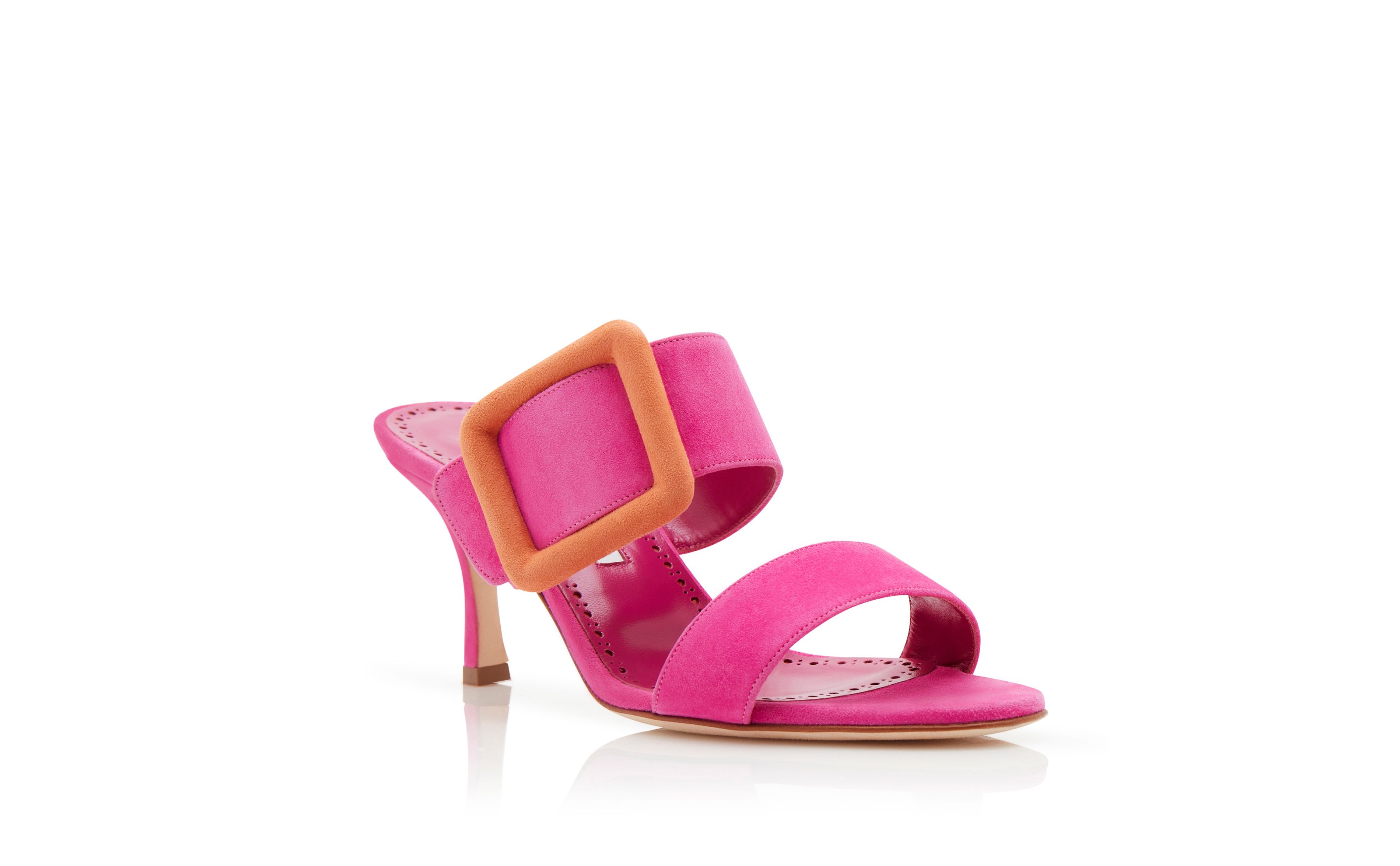 Designer Bright Pink and Orange Suede Buckle Mules - Image Upsell