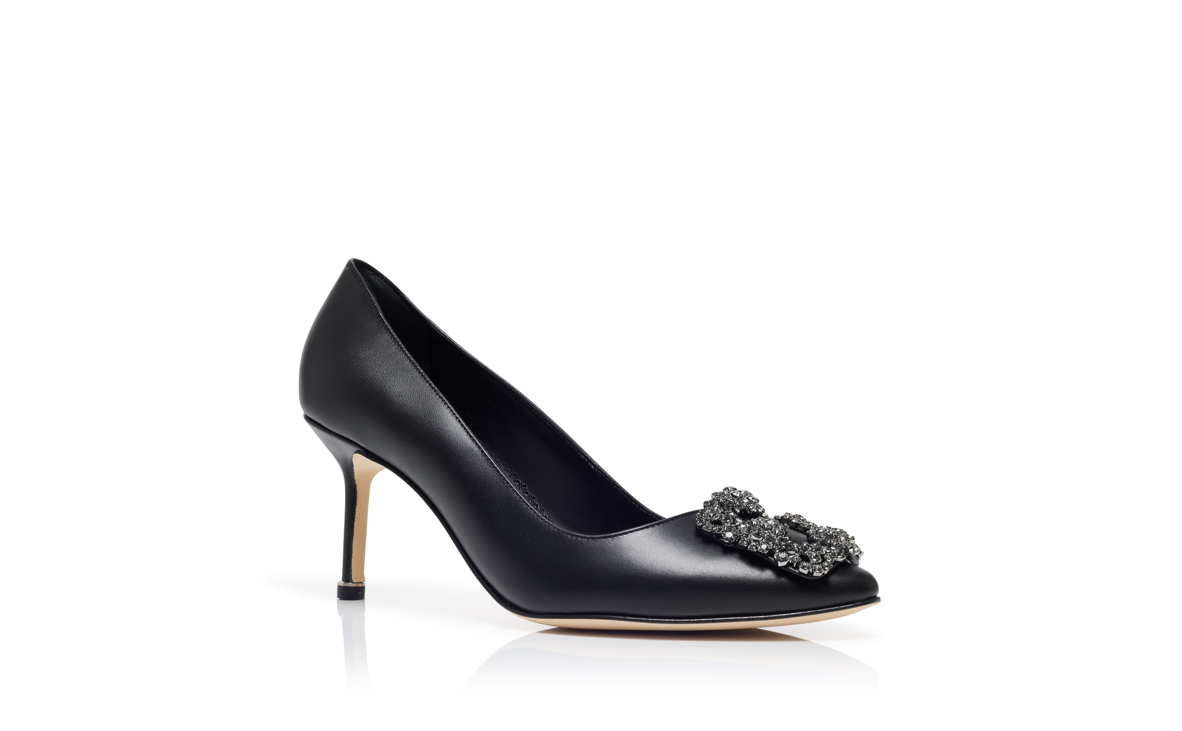 Designer Black Leather Jewel Buckle Pumps - Image Upsell View