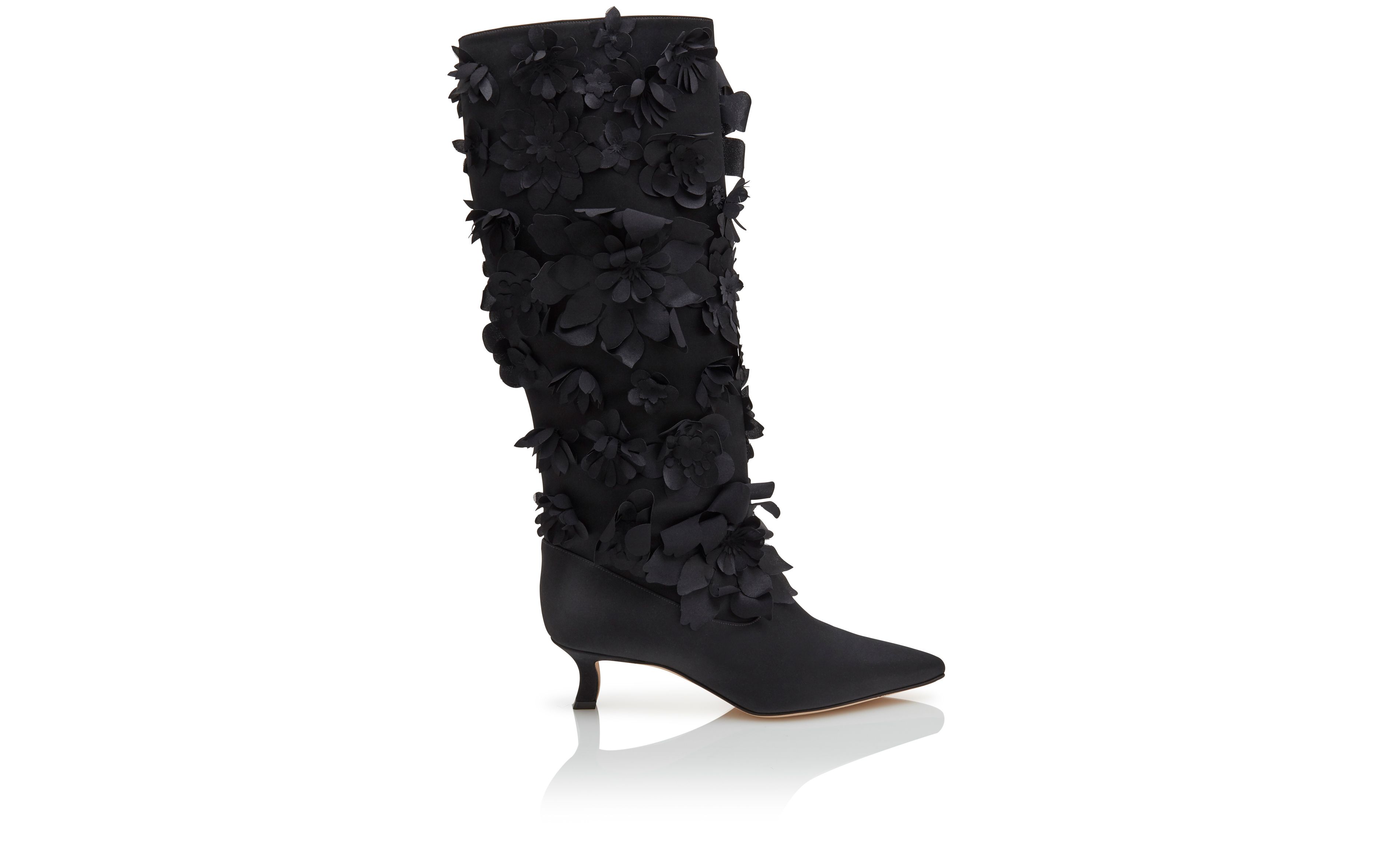 Designer Black Crepe Satin Knee High Boots - Image Side View