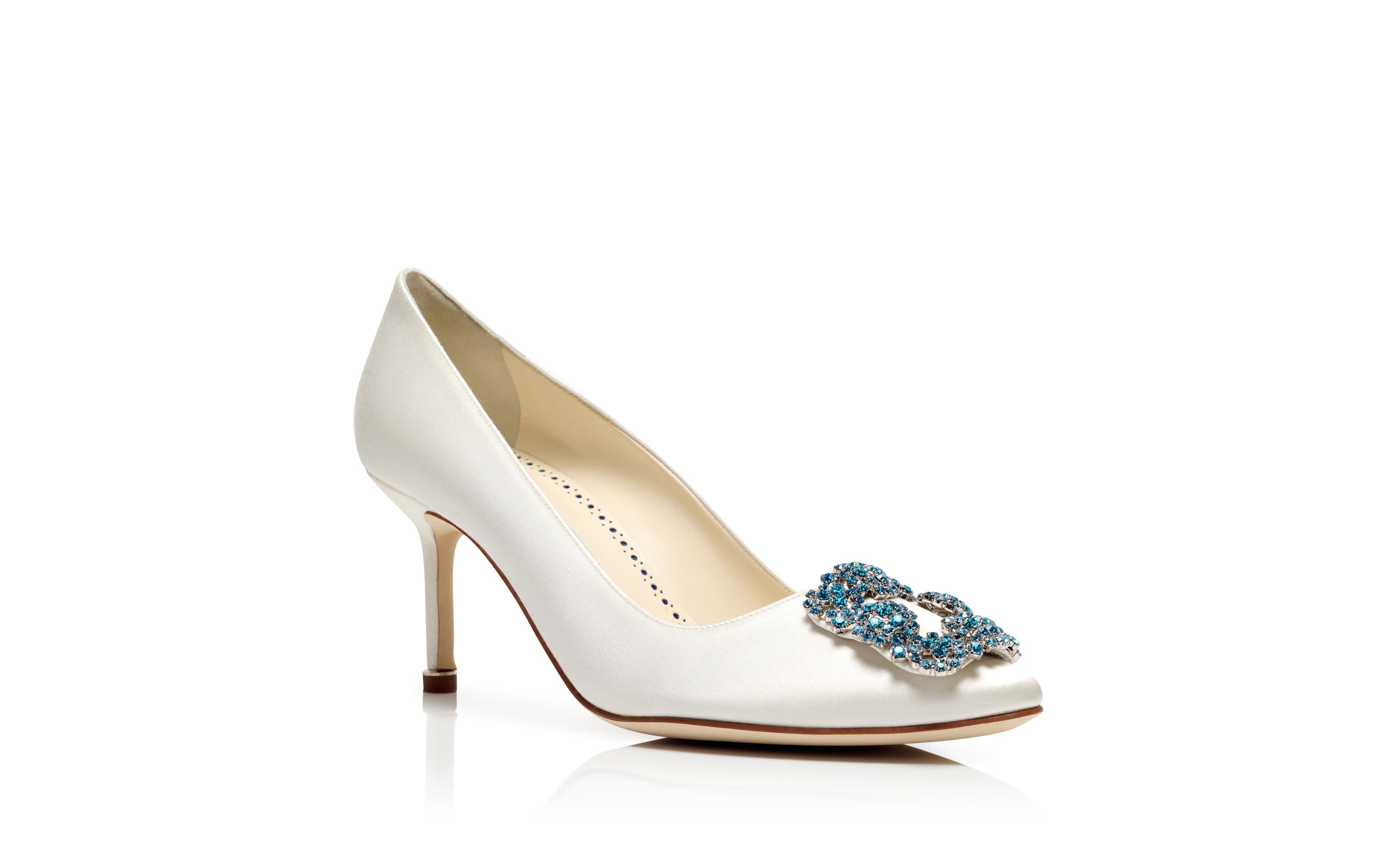 Designer White Satin Jewel Buckle Pumps - Image Upsell