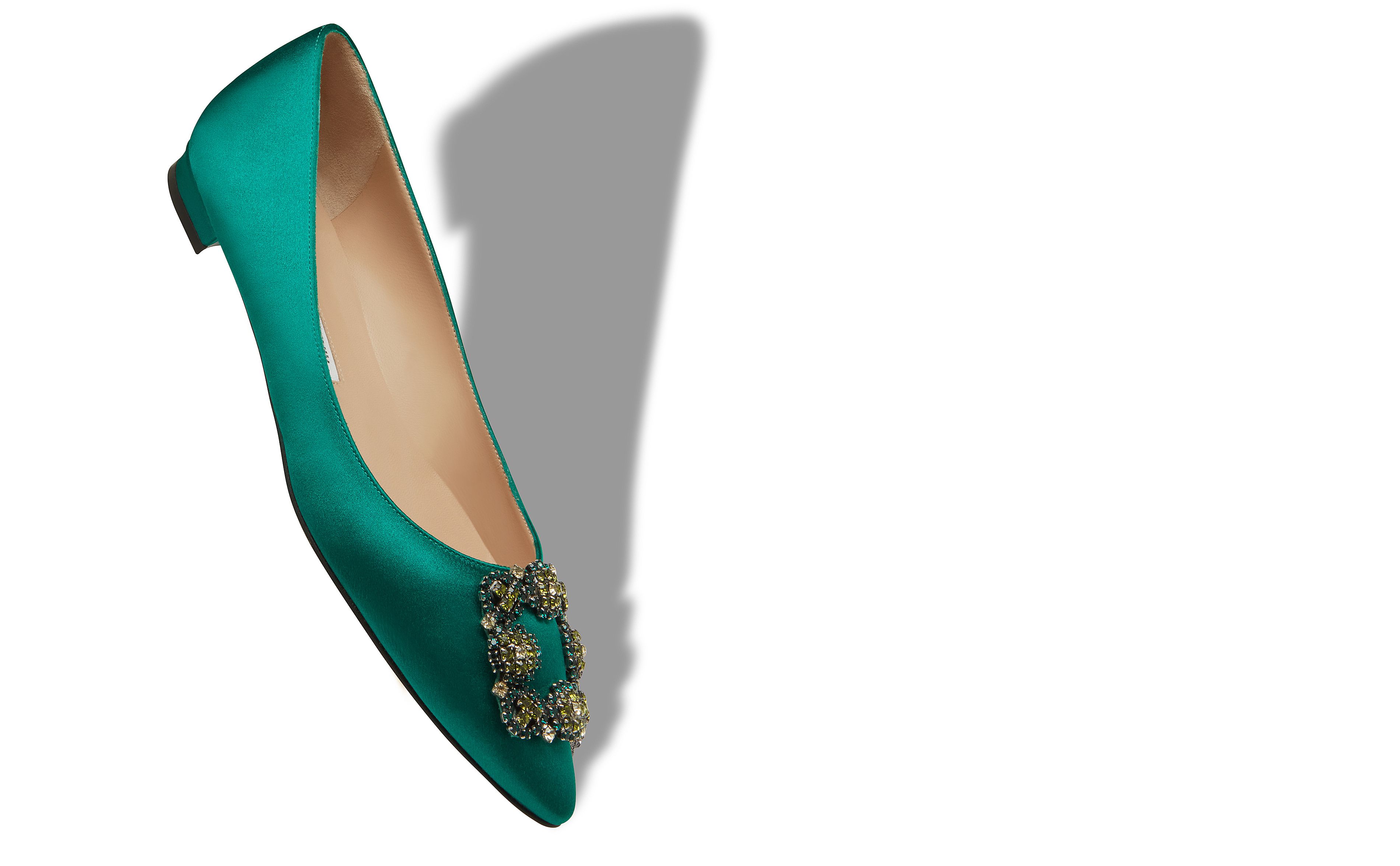 Designer Green Satin Jewel Buckled Flats - Image Main