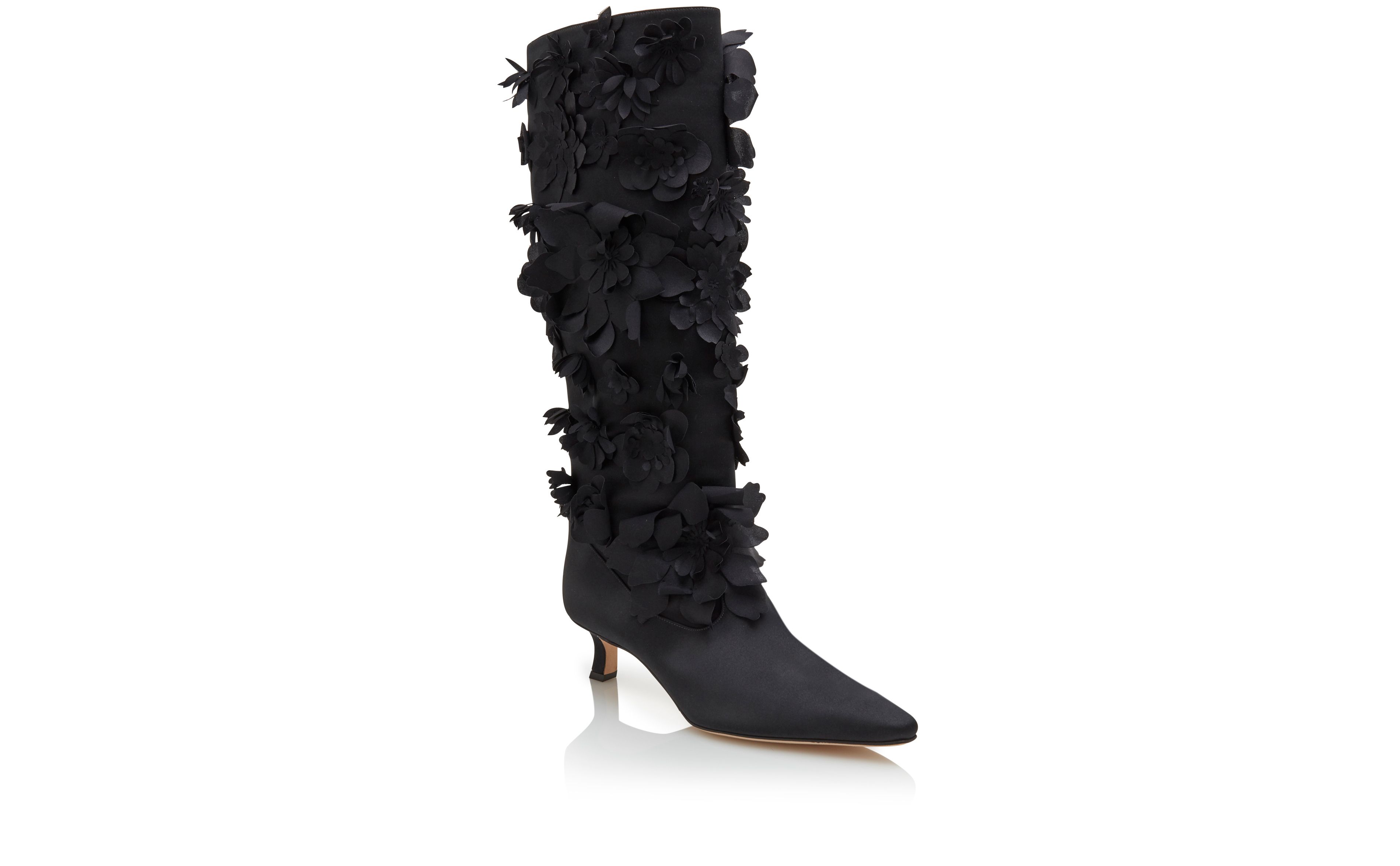 Designer Black Crepe Satin Knee High Boots - Image Upsell View