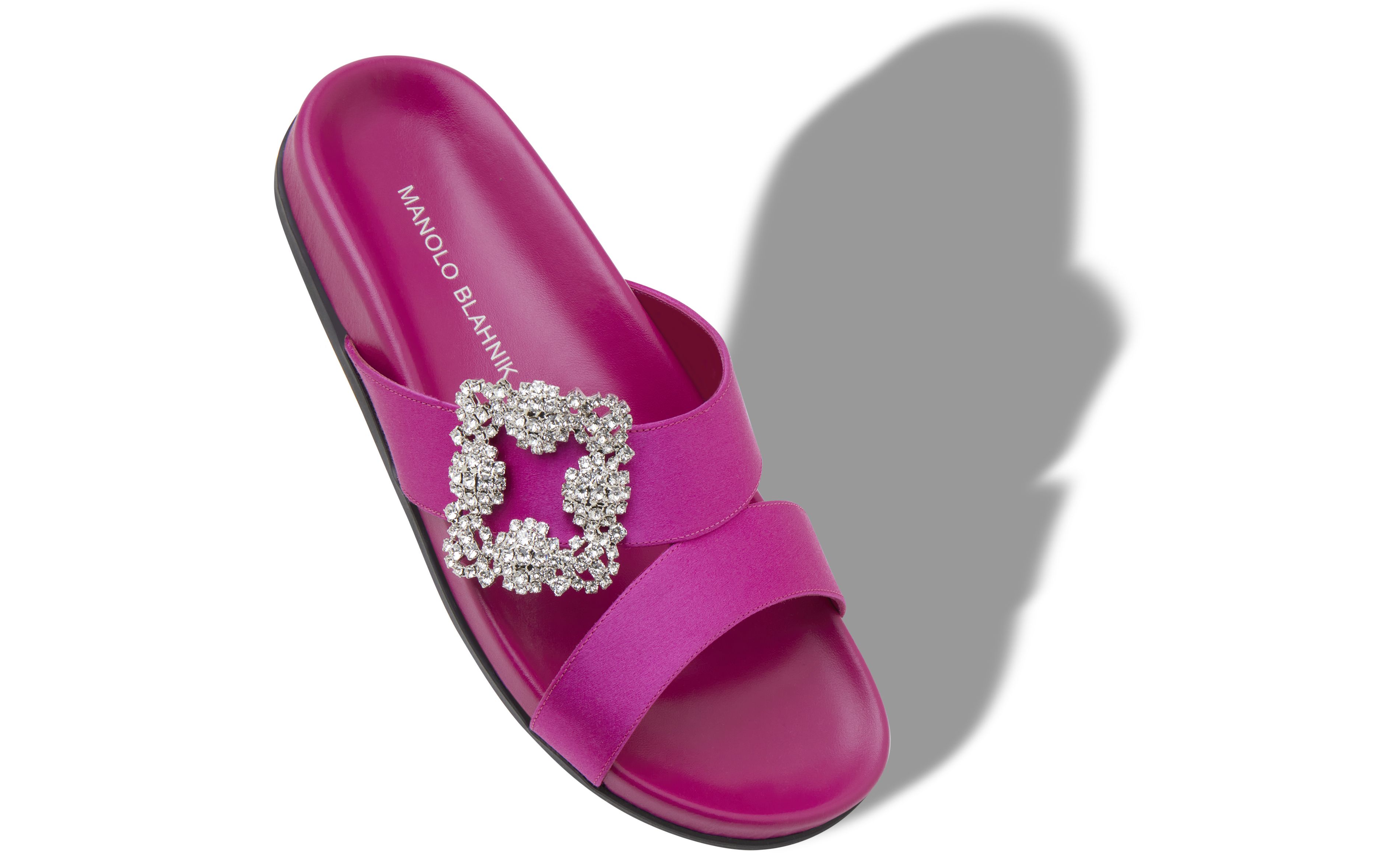 Designer Dark Fuchsia Satin Jewel Buckle Flat Mules - Image Main