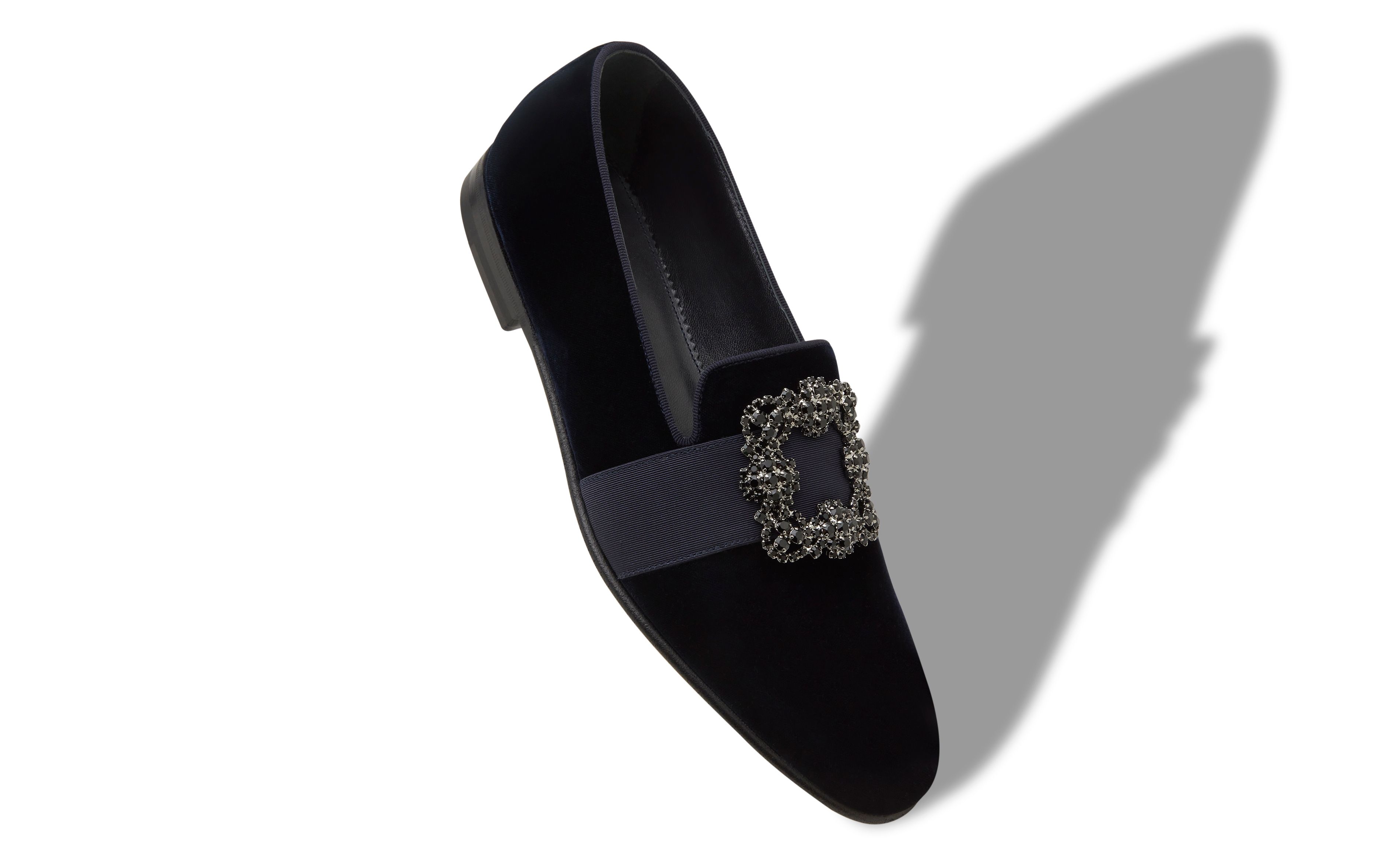 Designer Dark Blue Velvet Jewelled Buckle Loafers - Image Main