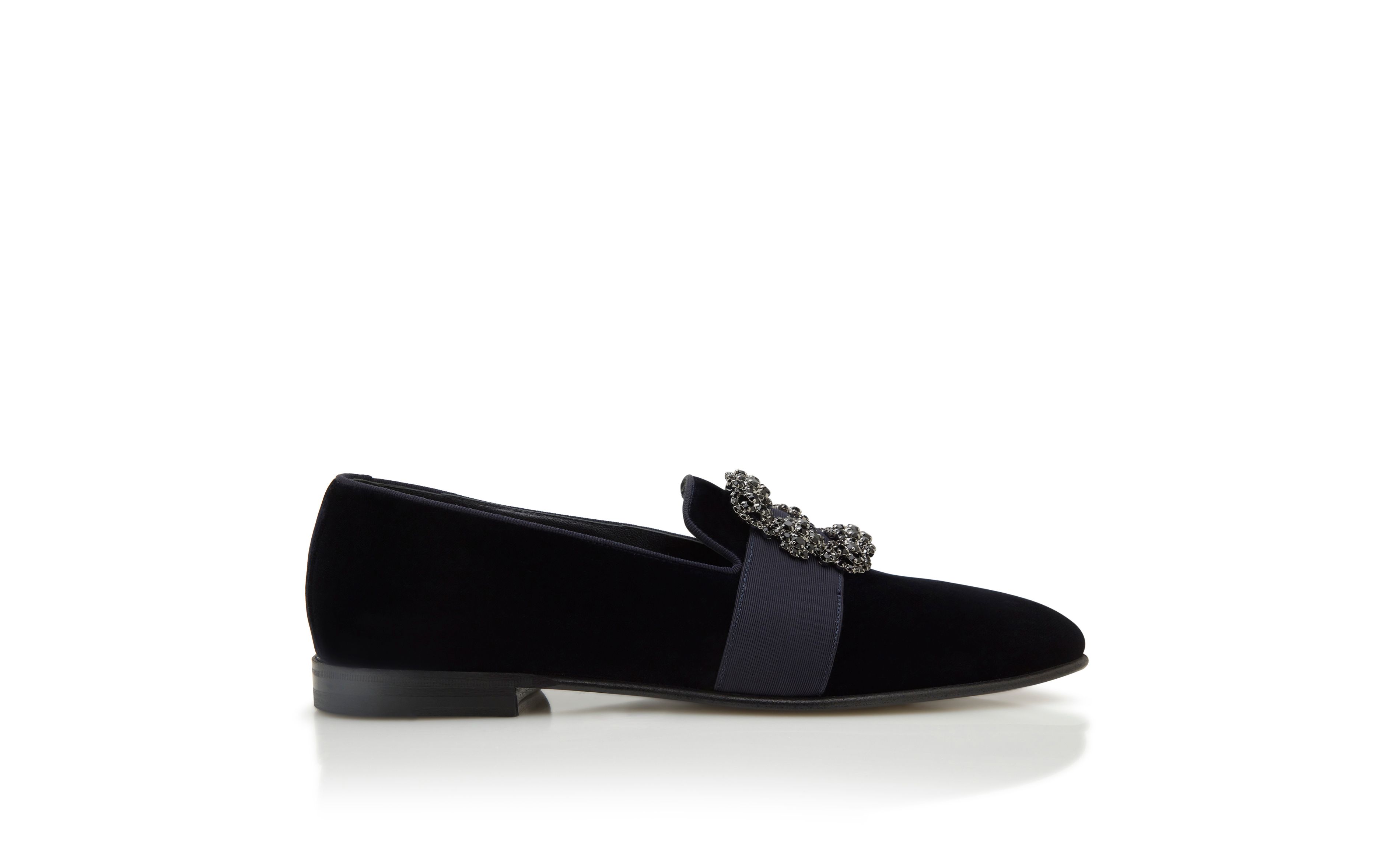 Designer Dark Blue Velvet Jewelled Buckle Loafers - Image Side View
