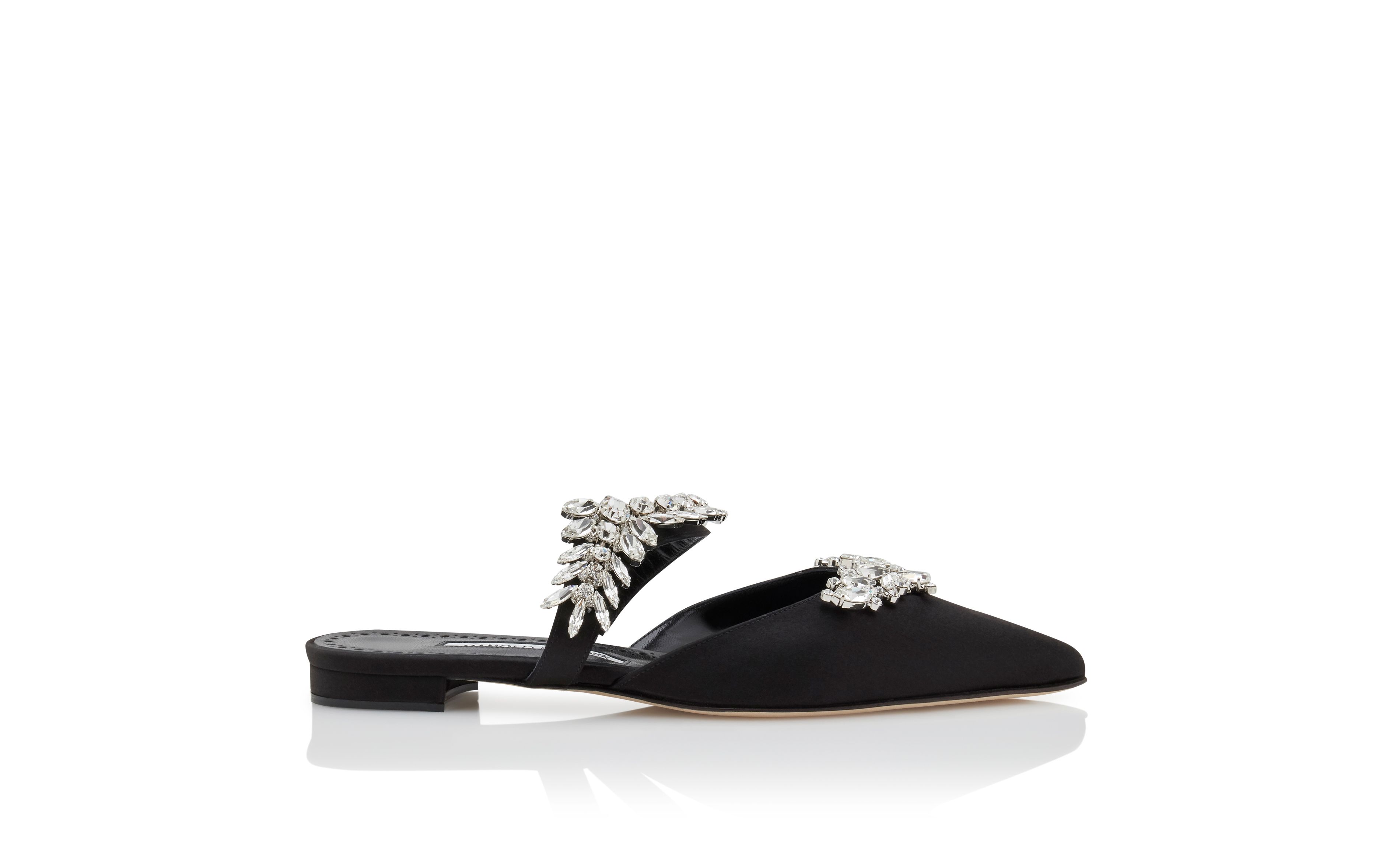 LURUMFLAT | Black Satin Crystal Embellished Flat Mules | Manolo Blahnik