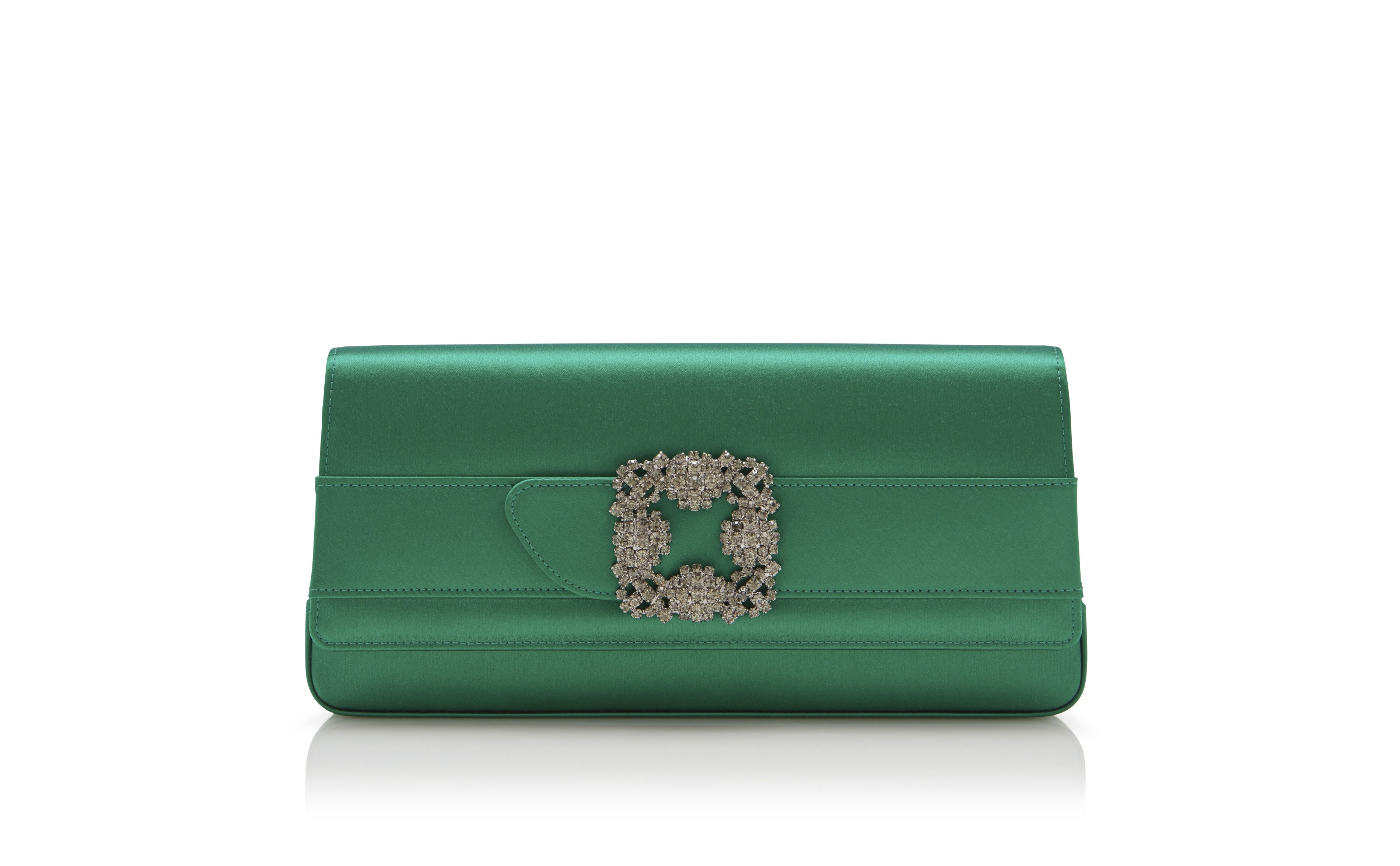 Designer Bright Green Satin Jewel Buckle Clutch - Image thumbnail