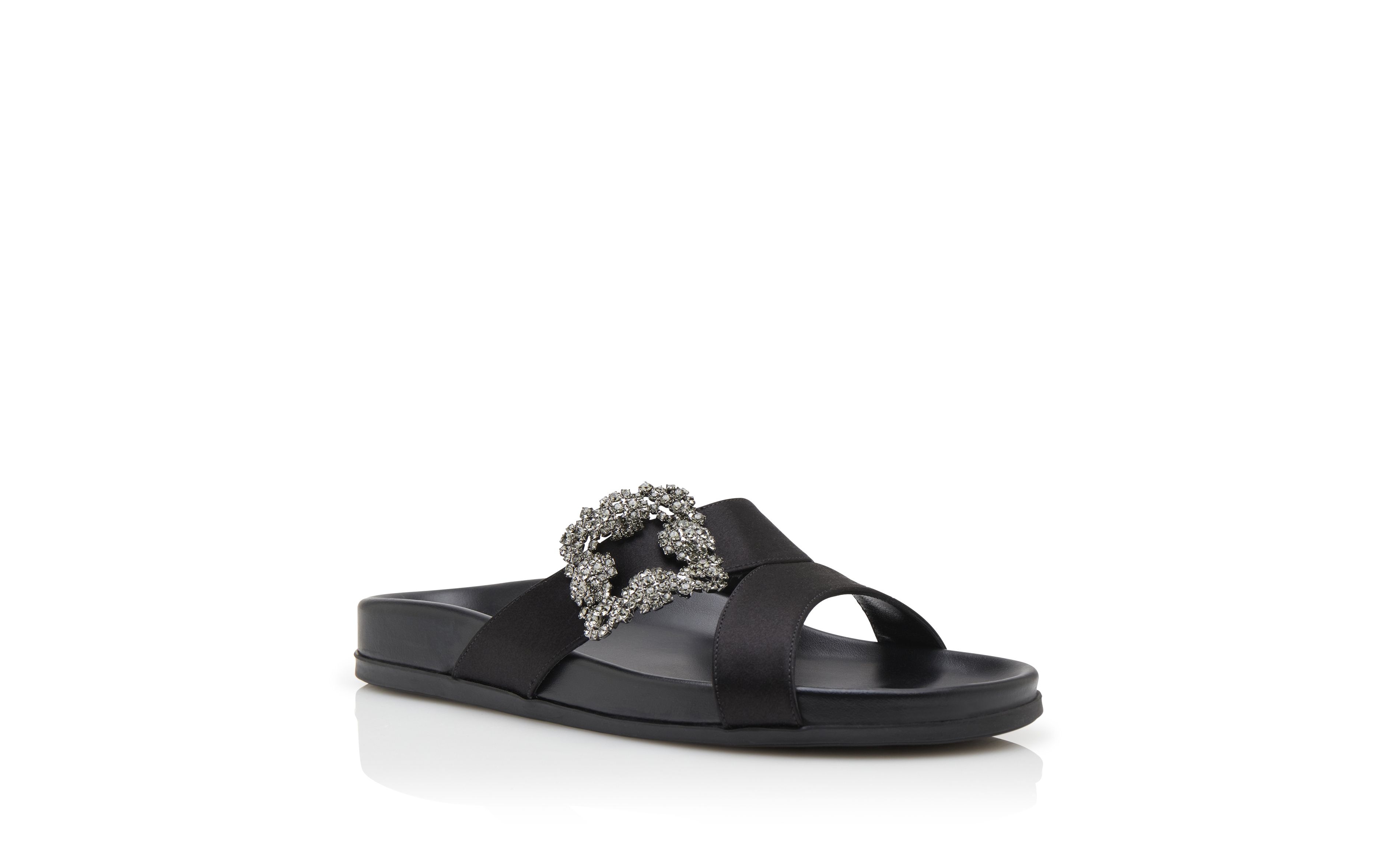 CHILANGHI | Black Satin Jewel Buckle Flat Mules | Manolo Blahnik