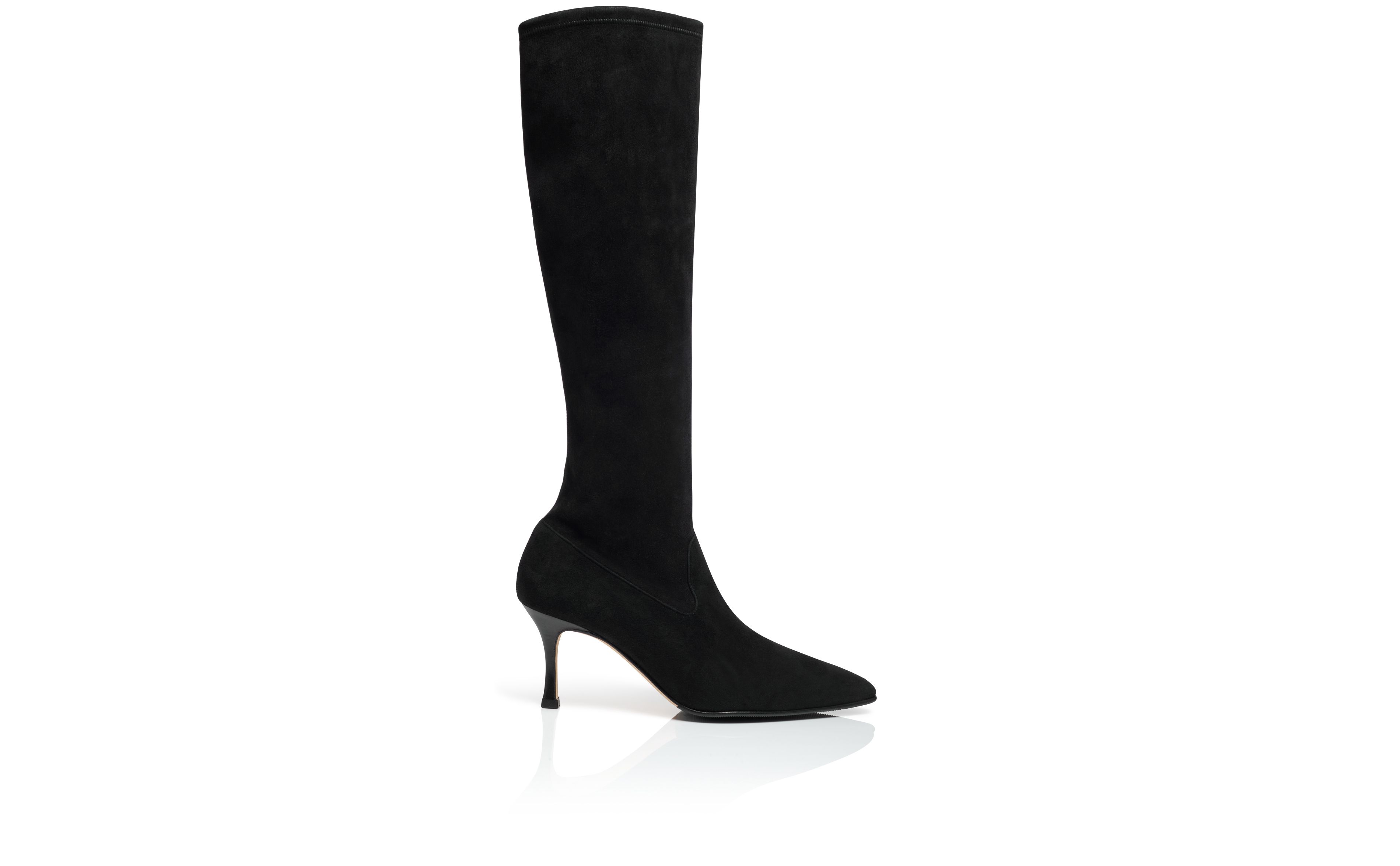 Designer Black Suede Knee High Boots - Image Side View