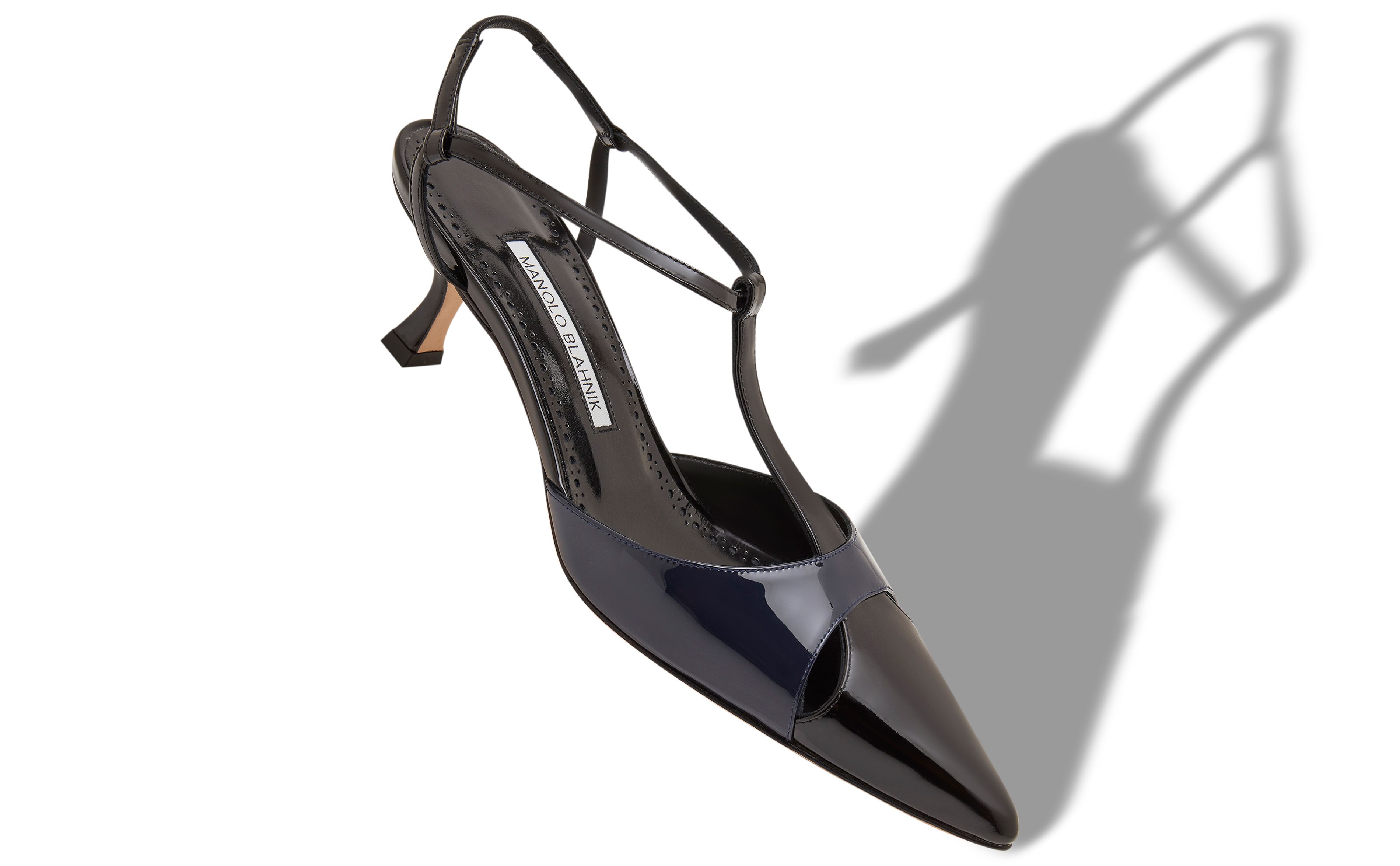 Designer Black and Navy Blue Patent Leather T-Bar Pumps - Image Main View
