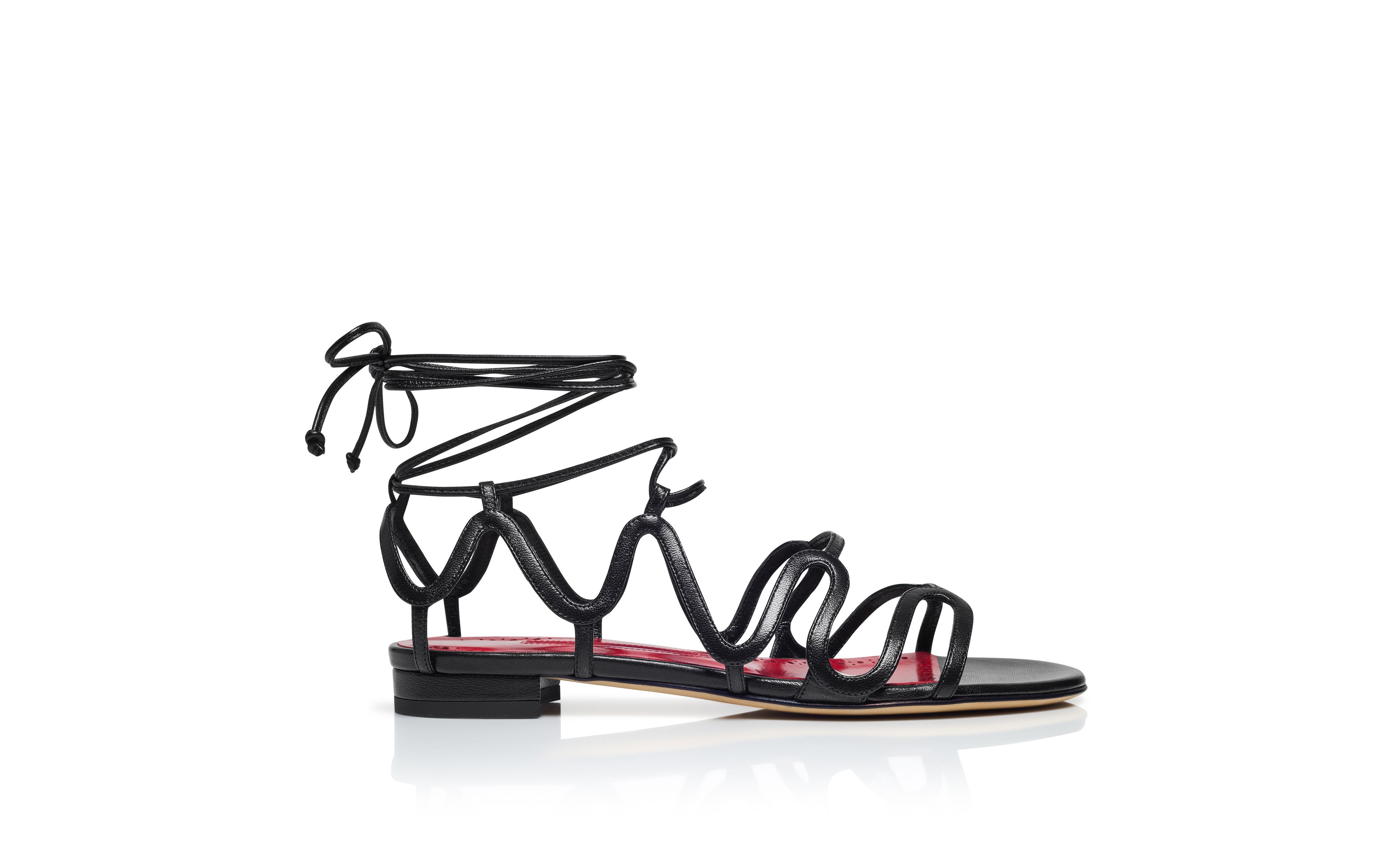 Designer Black Nappa Leather Flat Sandals  - Image Side View