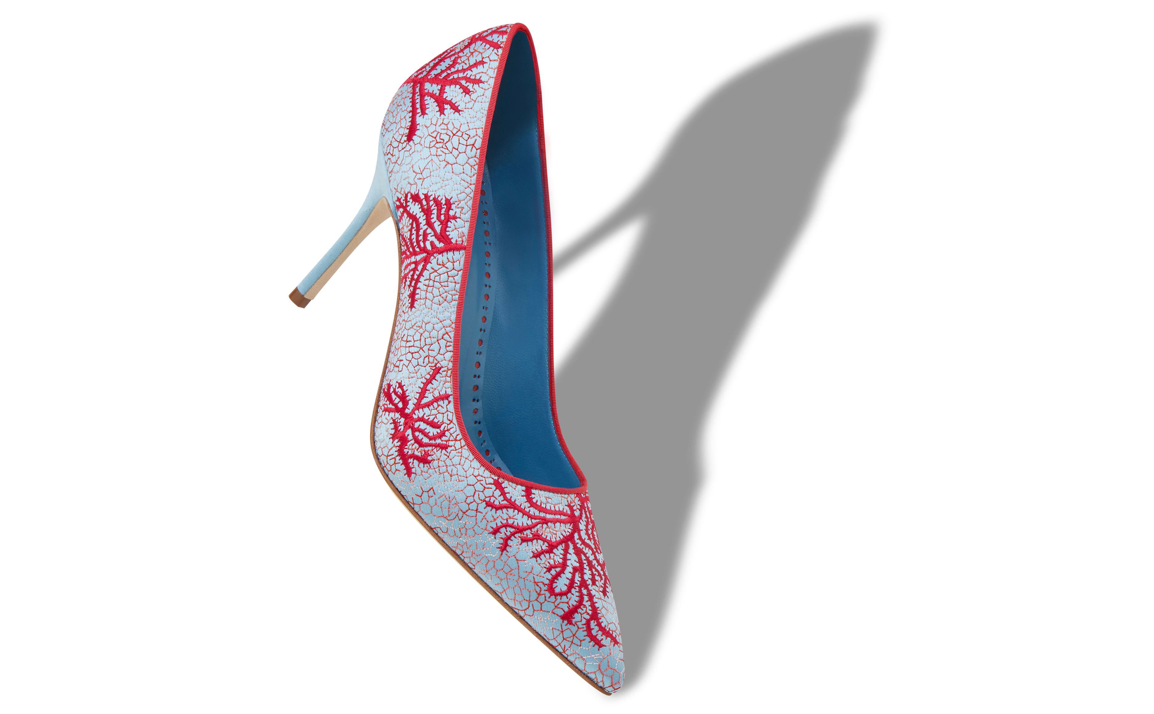 Designer Light Blue and Red Satin Embroidered Pumps - Image Main