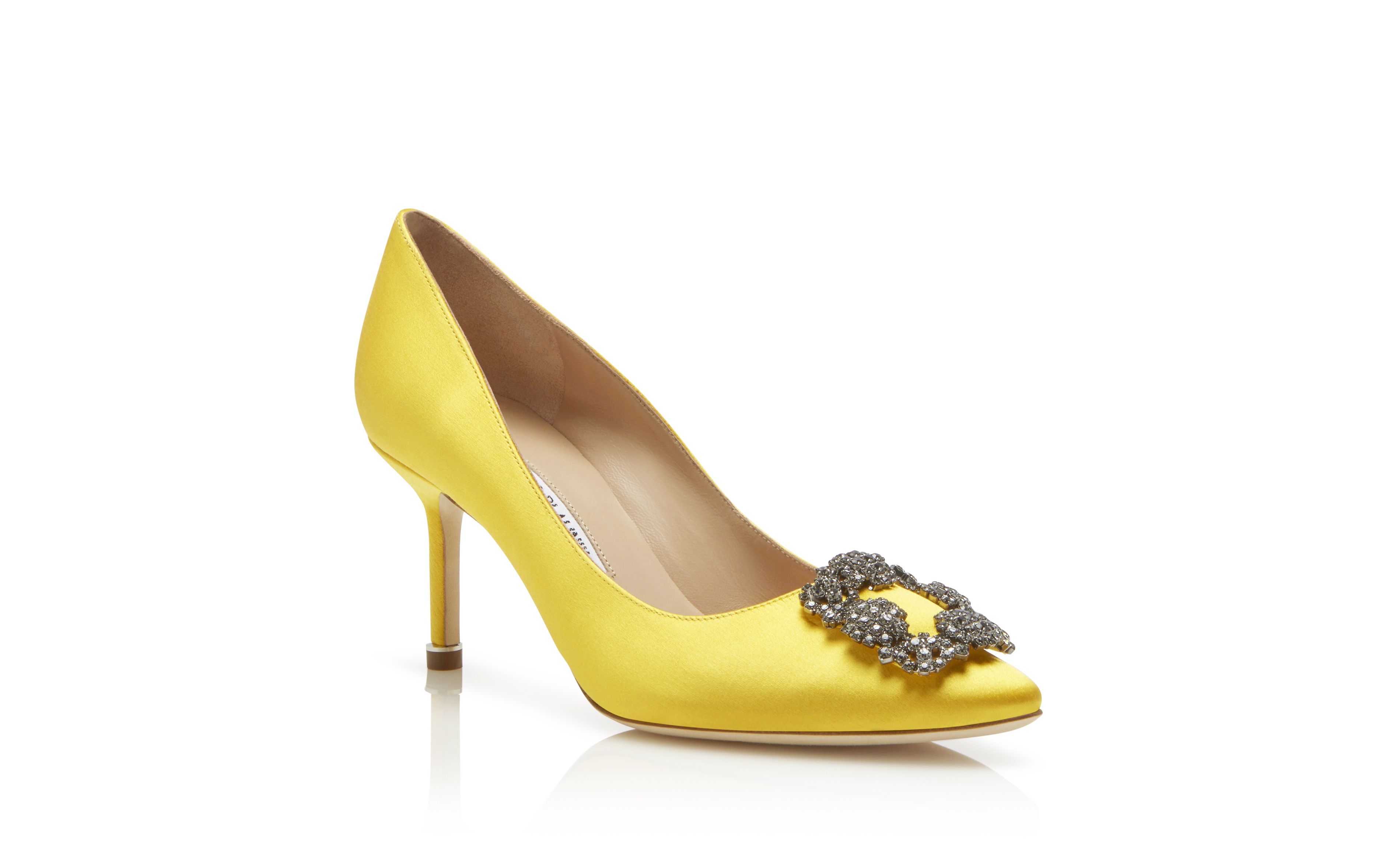 Designer Yellow Satin Jewel Buckle Pumps - Image Upsell