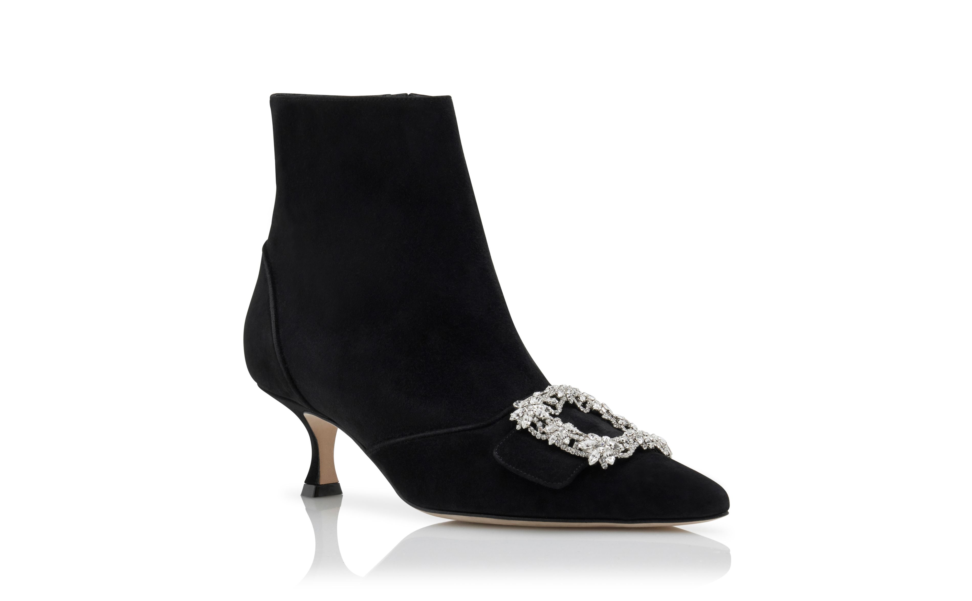 Designer Black Suede Crystal Buckle Ankle Boots - Image Upsell