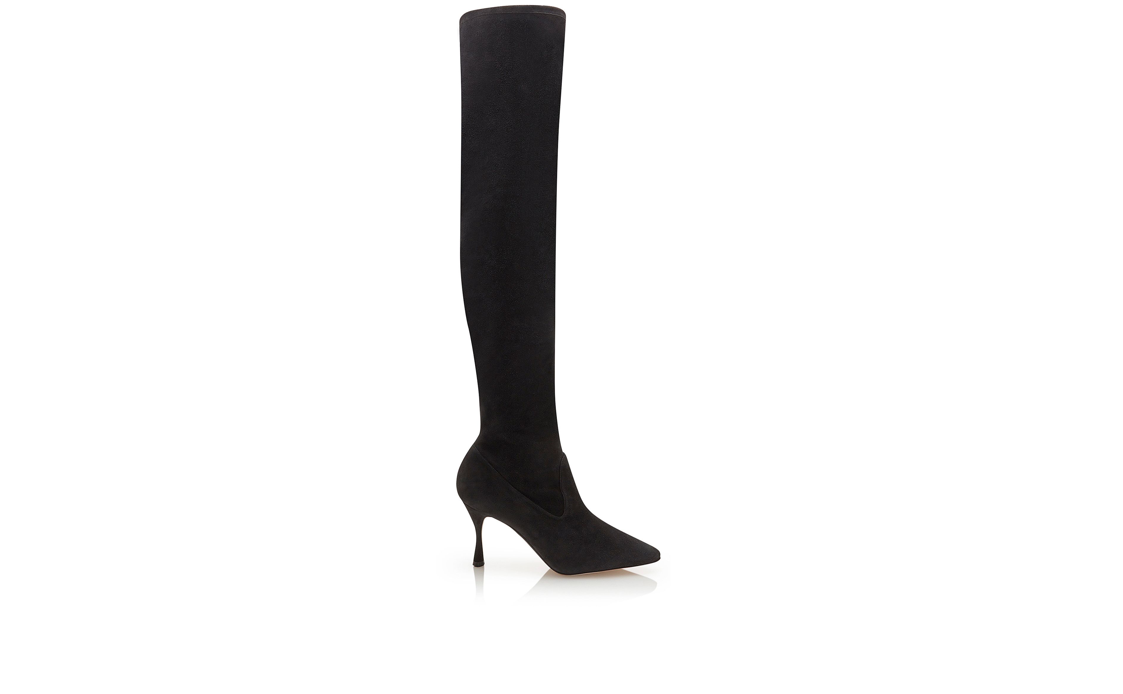 Designer Black Suede Thigh High Boots - Image Side View